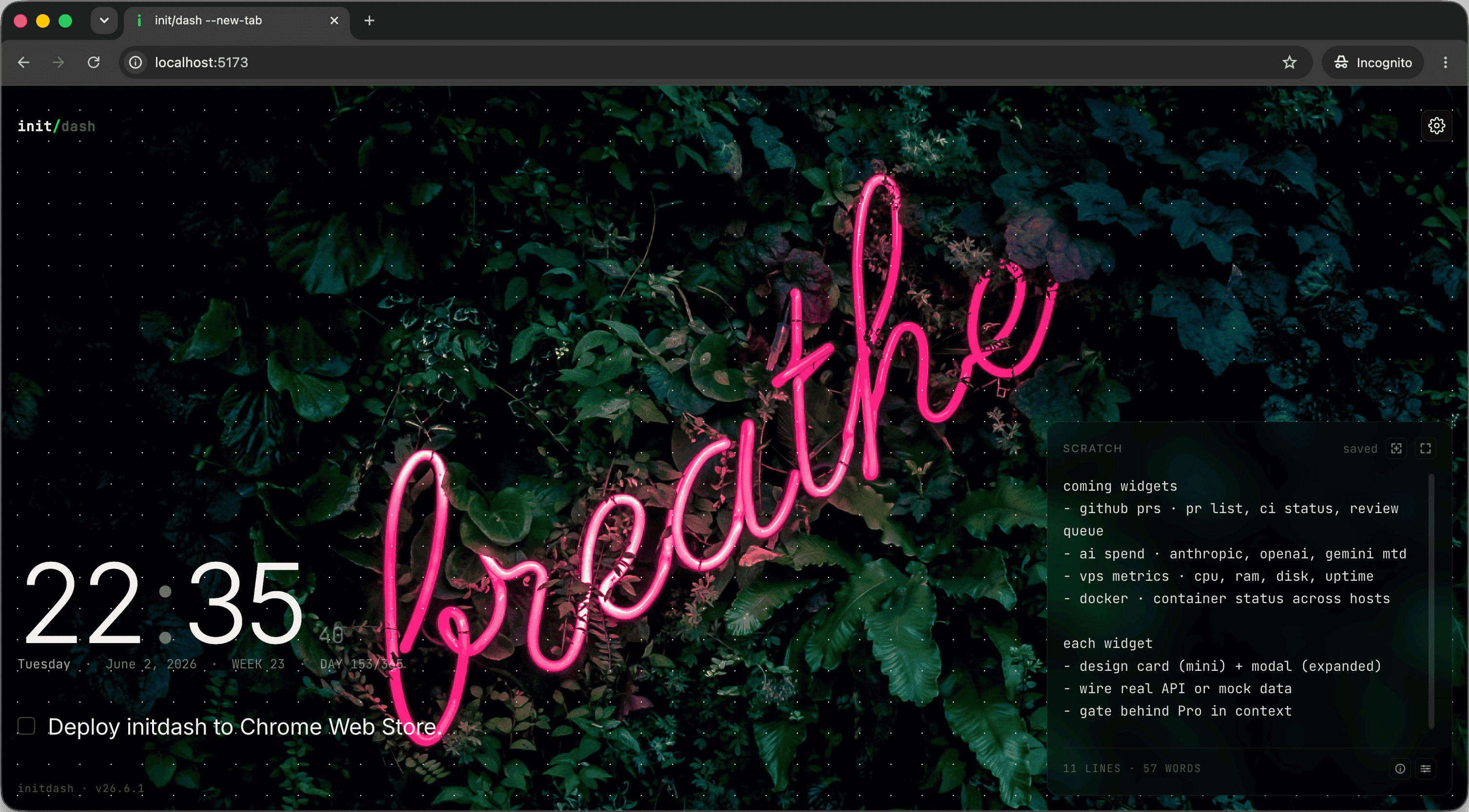 initdash new tab — clock, focus task, and scratch pad